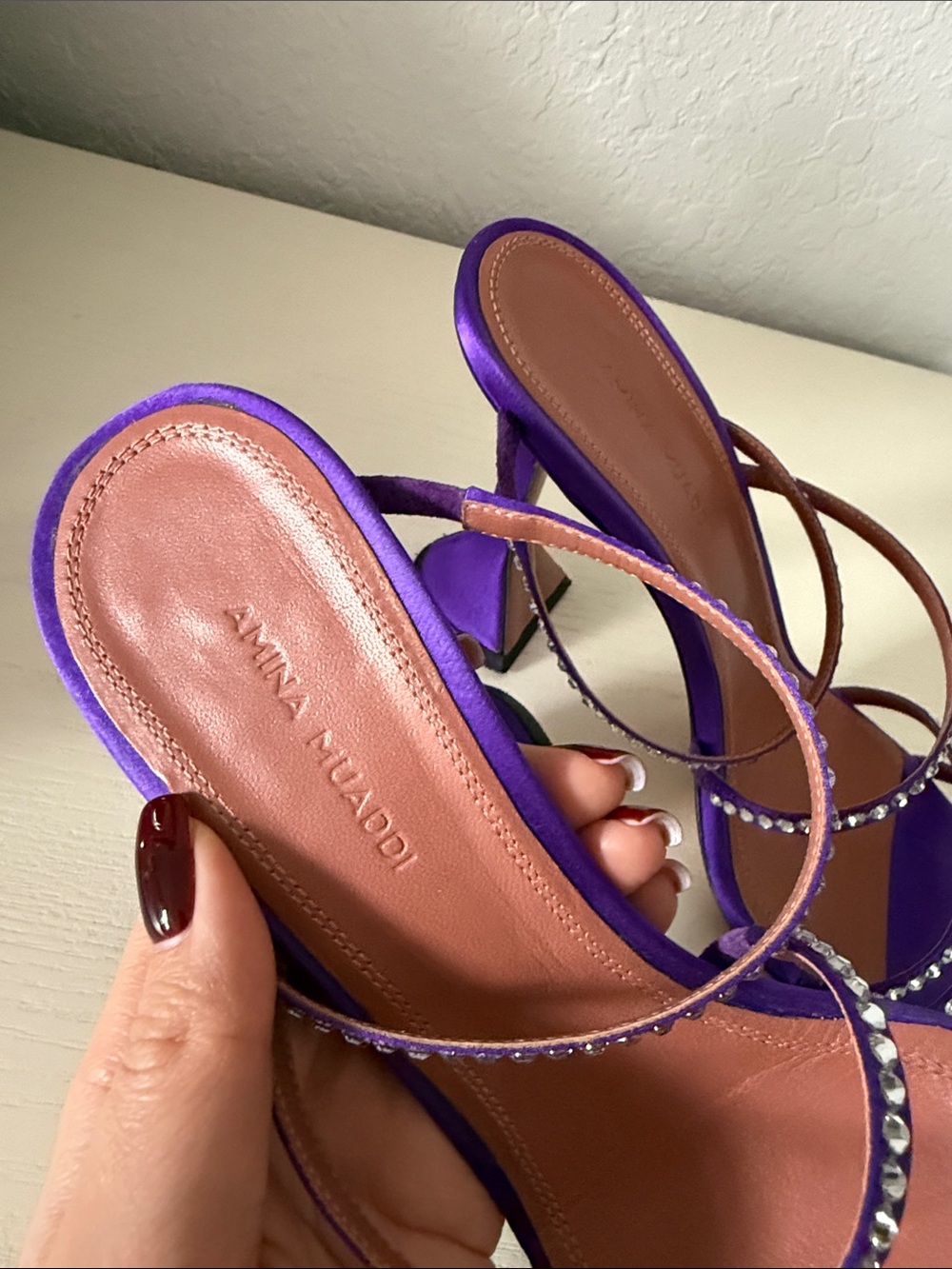Amina Muaddi Purple Crystal-Strap Mules - Picture 4 of 8